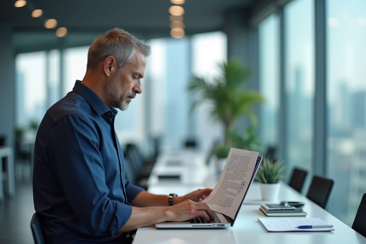 Rédacteur professionnel corrigeant des répétitions de mots dans un article en bureau moderne