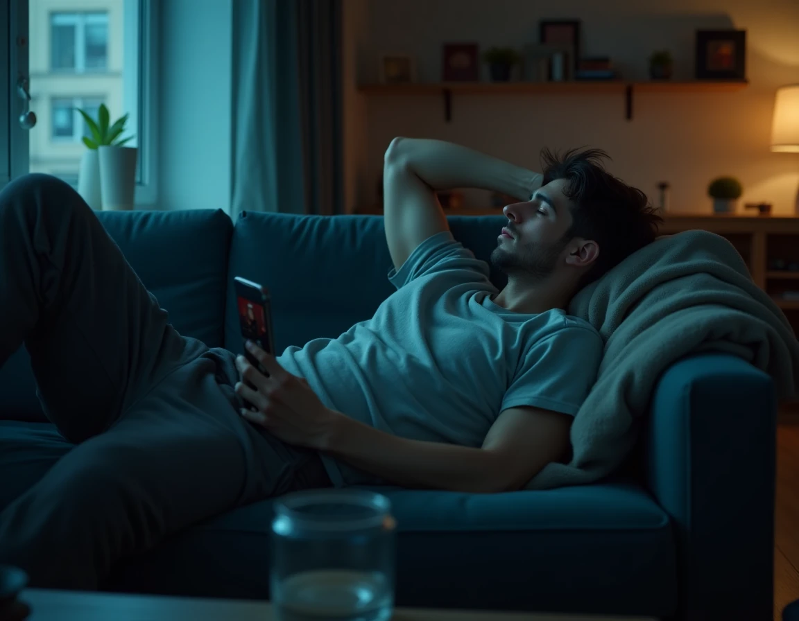 Homme allongé sur un canapé en mode récupération après une soirée, téléphone sur la poitrine dans un salon moderne