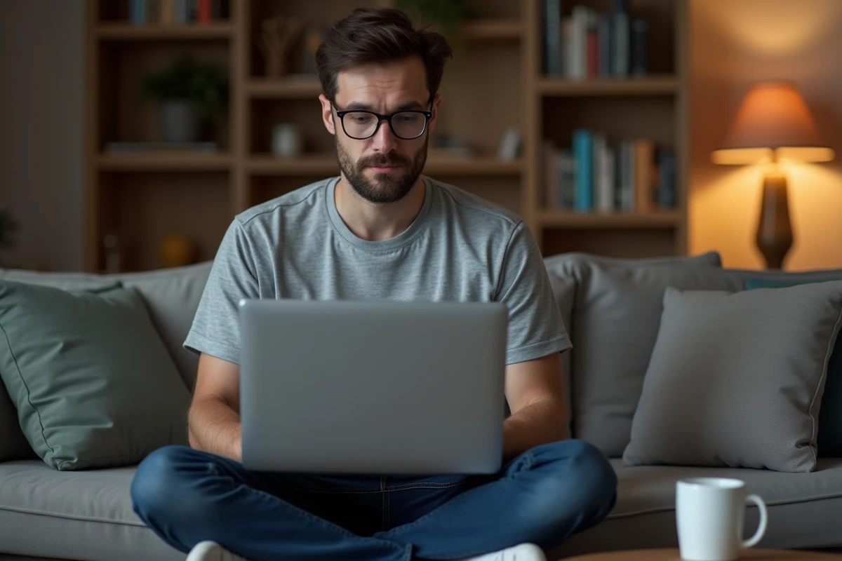 Homme résolvant des conflits de mods sur son laptop dans un salon moderne
