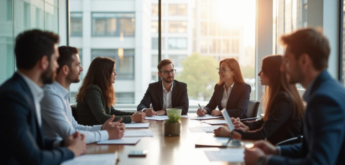 Réunion professionnelle dans un bureau lumineux et moderne