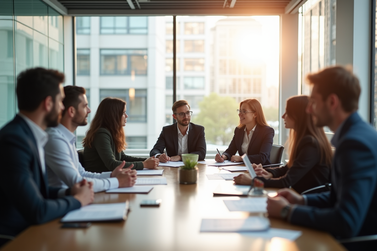 Réunion professionnelle dans un bureau lumineux et moderne
