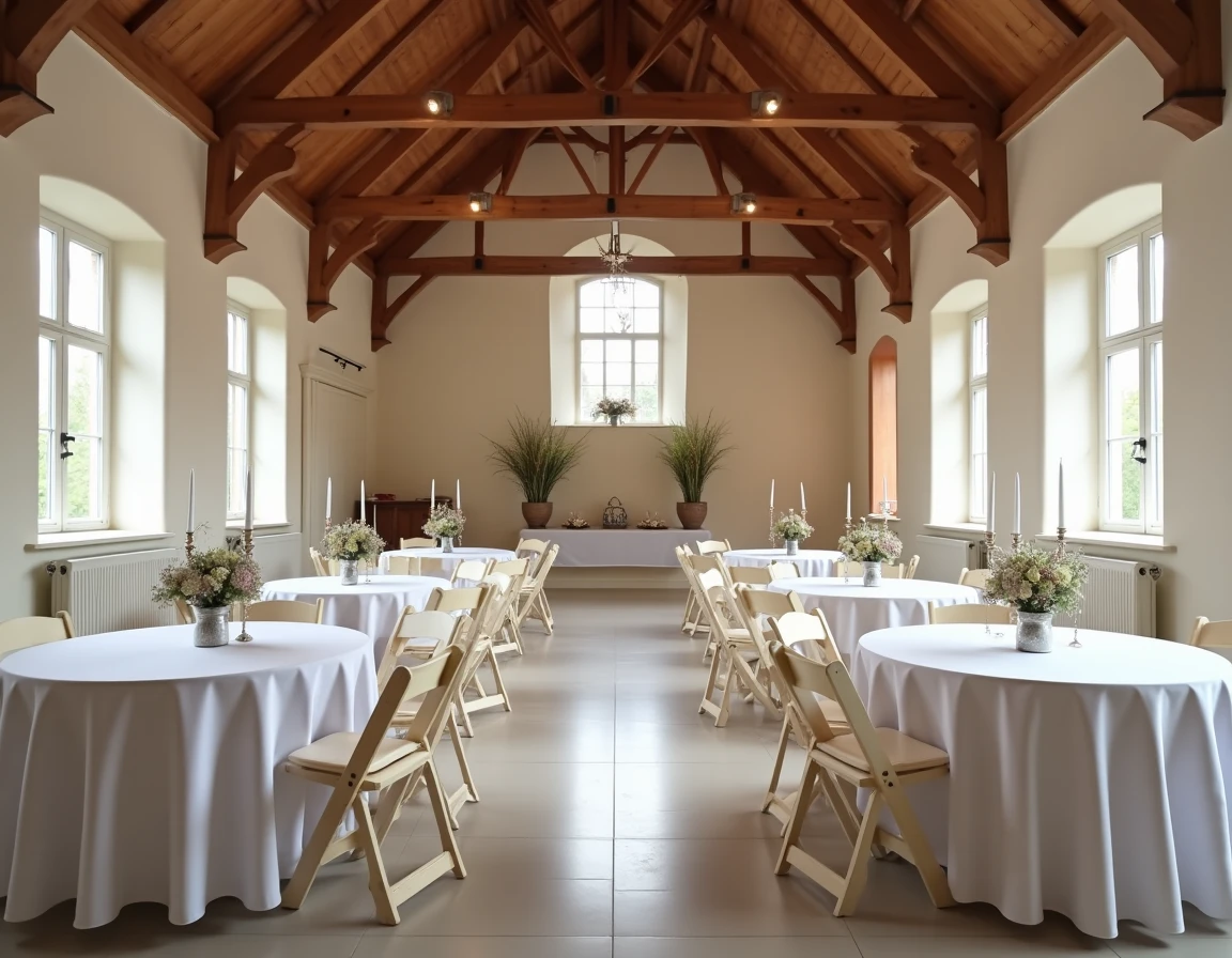 Salle de l'Etoile aménagée pour une réception avec tables rondes décorées et poutres apparentes normandes