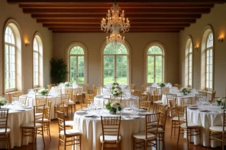 Vue d'ensemble d'une salle de réception élégante en Seine-Maritime avec tables rondes dressées et décoration florale
