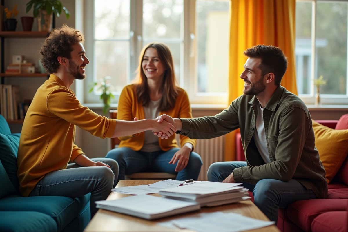 Personnes dans un salon convivial signant des contrats de location