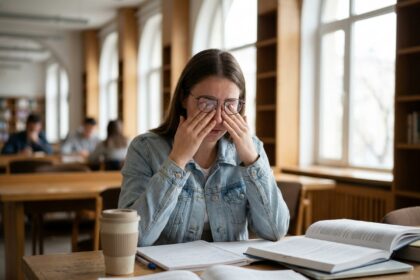 Jeune étudiante fatiguée se frottant les yeux dans une bibliothèque universitaire, portant des lunettes de vue rondes