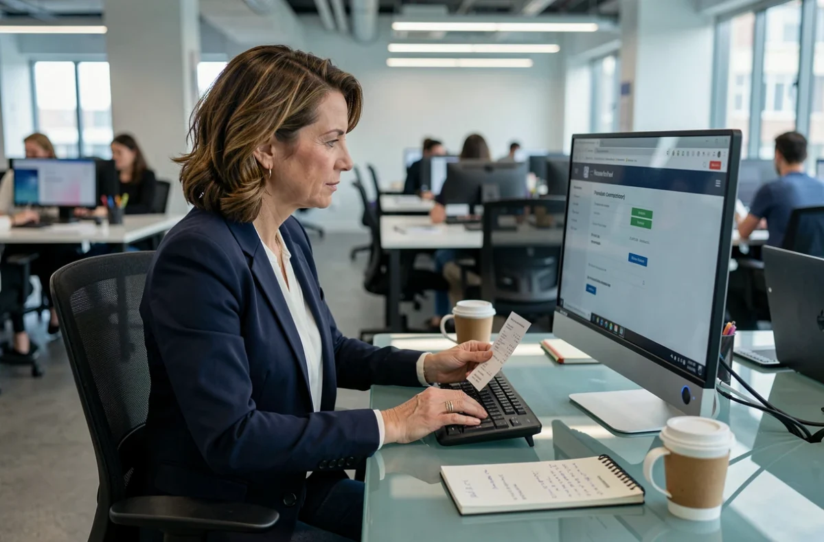 Femme vérifiant la sécurité d'un paiement en ligne sur Hacoo SaraMart dans un espace de coworking professionnel
