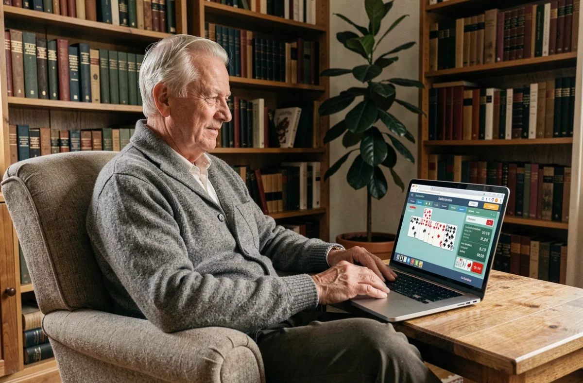 Senior jouant à la belote coinchée gratuite en ligne sur ordinateur portable dans un salon