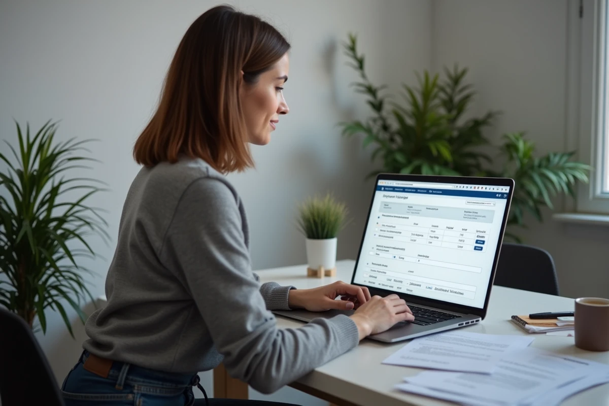 Femme utilisant un simulateur en ligne sur ordinateur portable pour calculer une remise de peine bracelet électronique