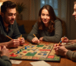 Salon convivial avec amis jouant au Cluedo ambiance chaleureuse