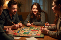 Salon convivial avec amis jouant au Cluedo ambiance chaleureuse