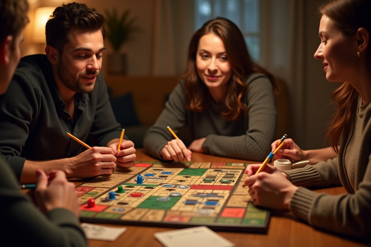 Salon convivial avec amis jouant au Cluedo ambiance chaleureuse