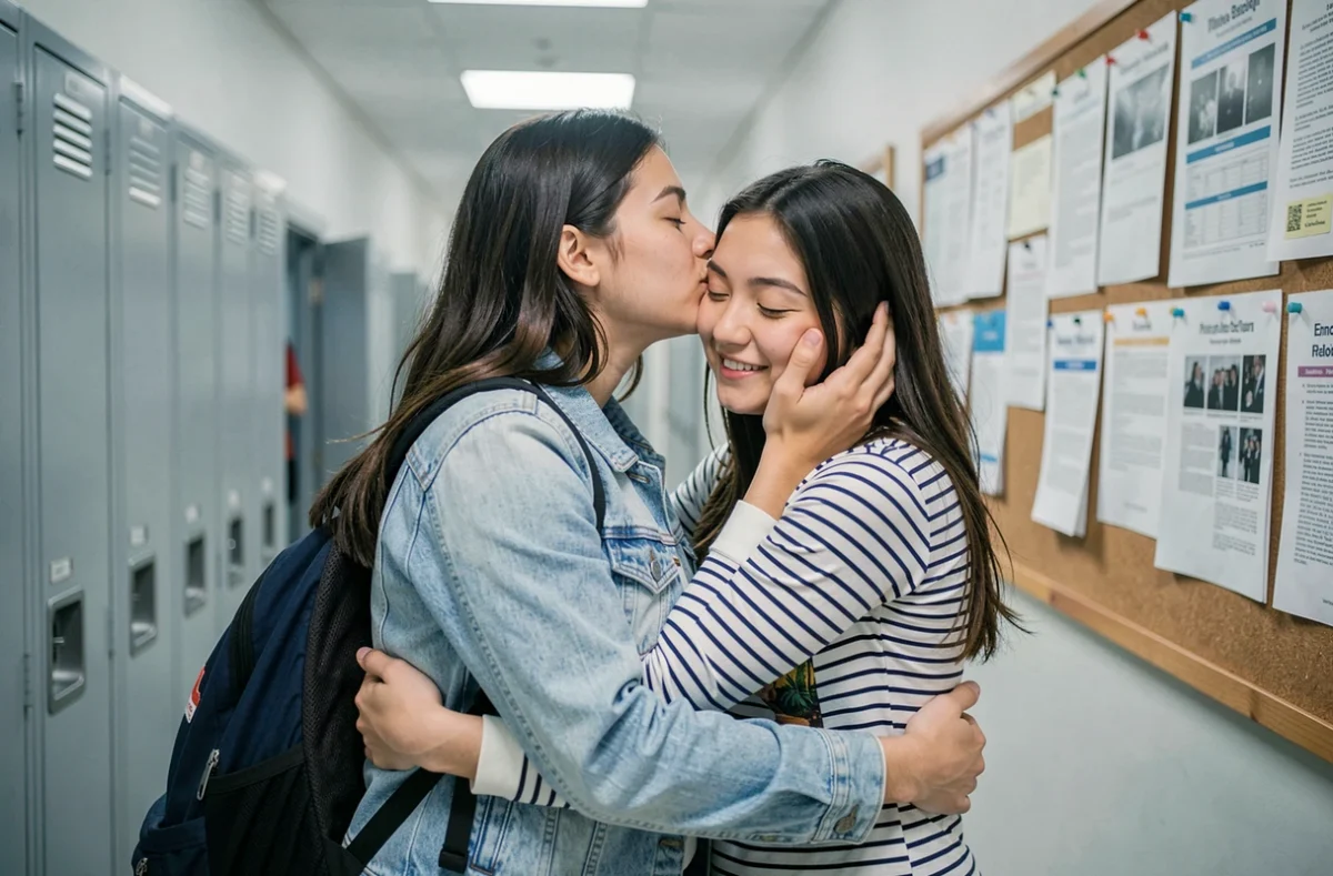 Deux étudiantes s'embrassant dans un couloir universitaire en signe de soutien avant un examen