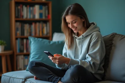 Jeune femme utilisant une application de suivi de séries sur son smartphone dans un salon cosy