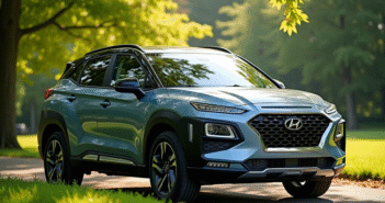 SUV hybride moderne dans un parc verdoyant ensoleille