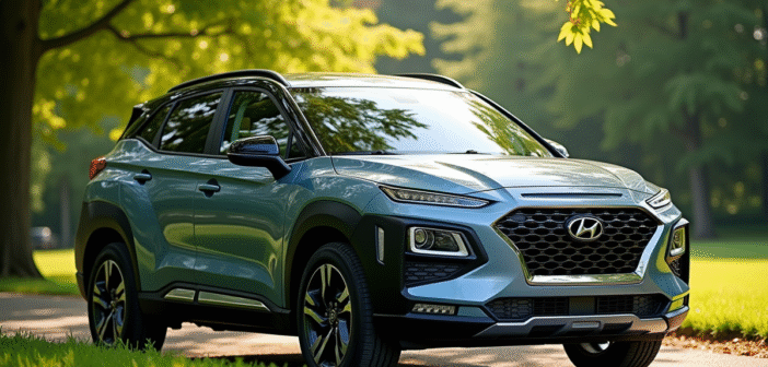 SUV hybride moderne dans un parc verdoyant ensoleille
