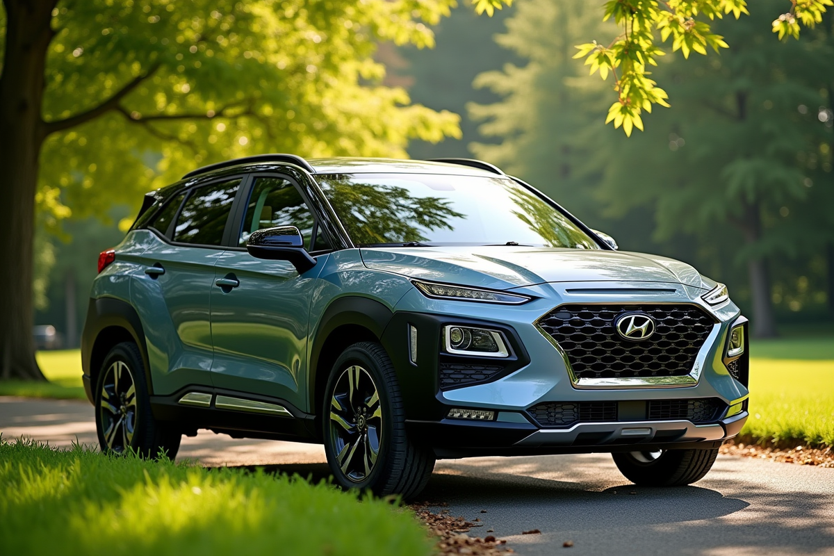 SUV hybride moderne dans un parc verdoyant ensoleille