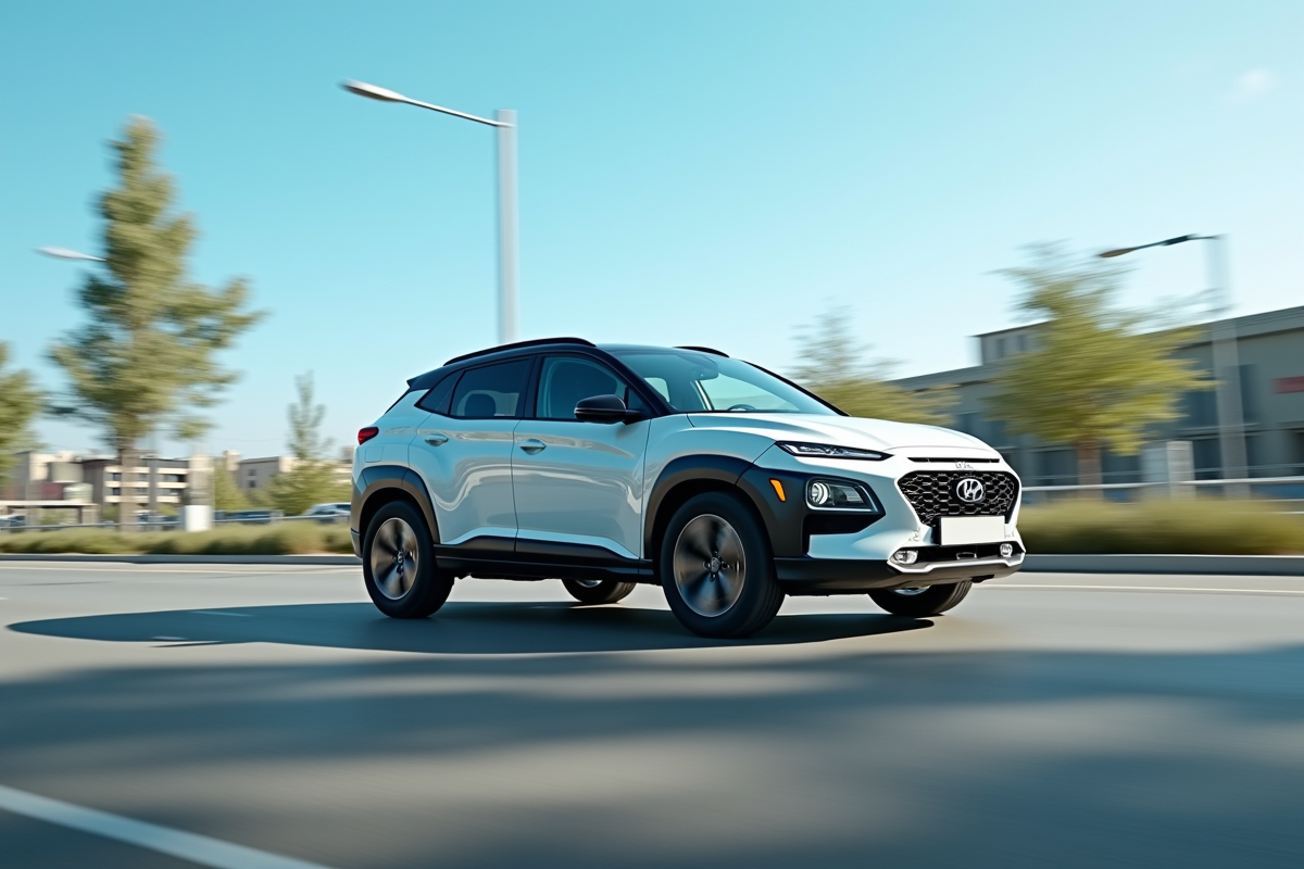 SUV hybride en mouvement sur une route urbaine propre