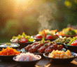 Table de barbecue en plein air avec légumes grillés et salades colorées