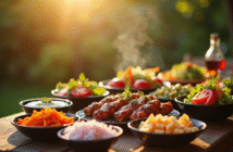 Table de barbecue en plein air avec légumes grillés et salades colorées