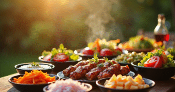 Table de barbecue en plein air avec légumes grillés et salades colorées