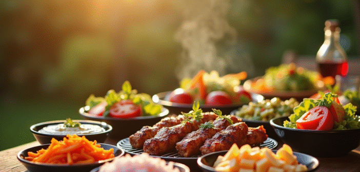 Table de barbecue en plein air avec légumes grillés et salades colorées