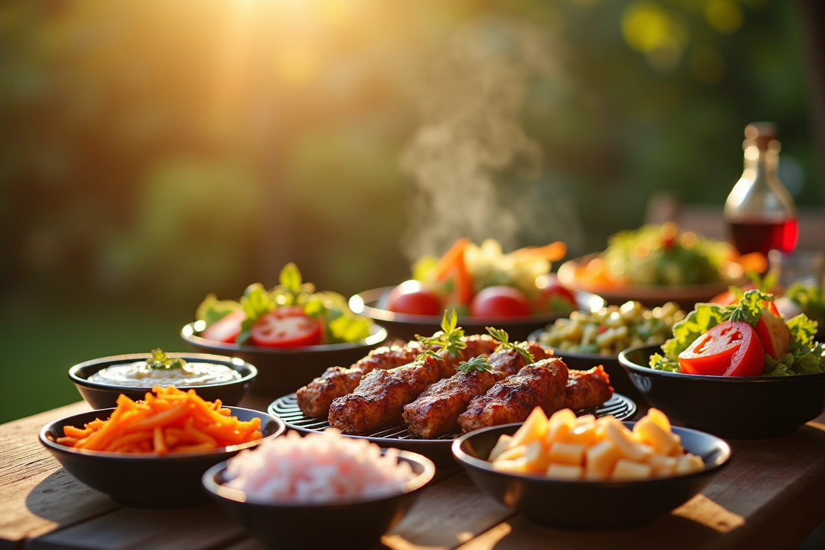 Table de barbecue en plein air avec légumes grillés et salades colorées
