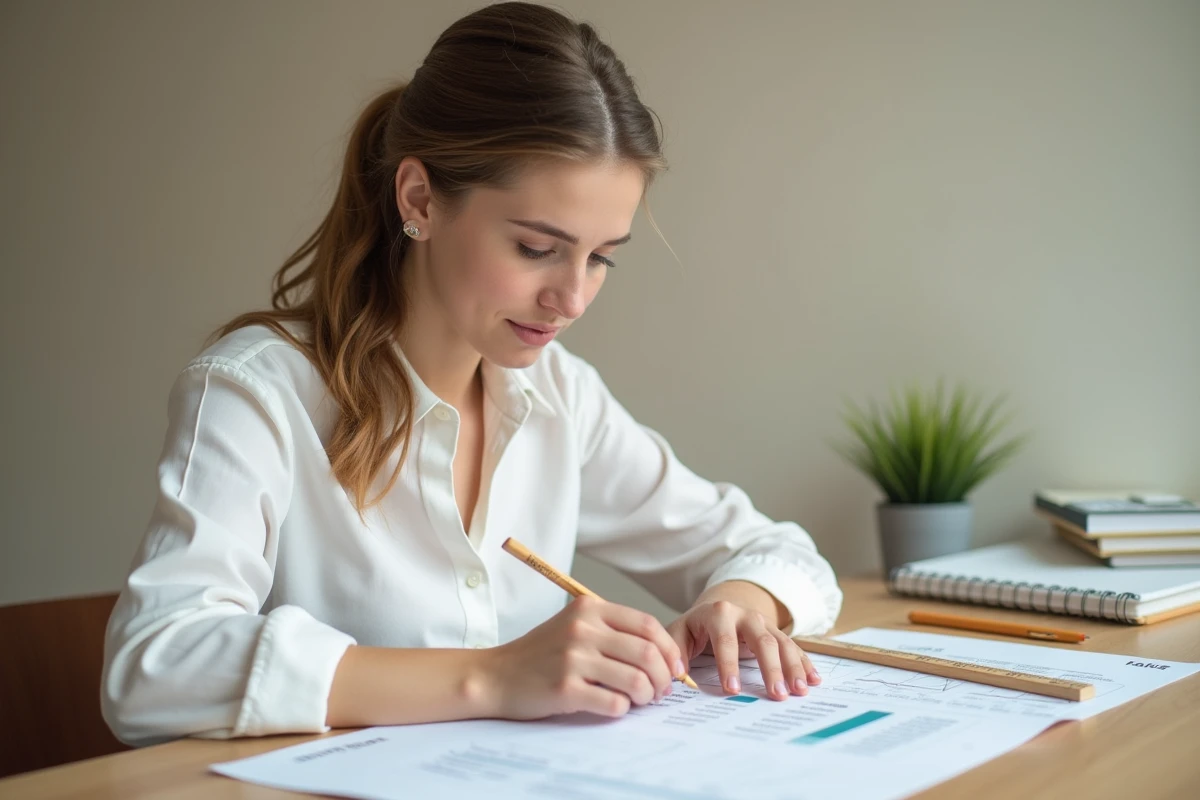 Femme consultant un tableau de conversion pouces centimètres assis à un bureau avec une règle graduée