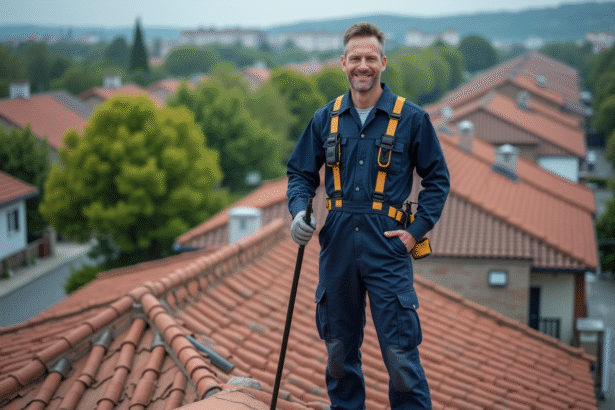 Technicien souriant en tenue de travail sur le toit