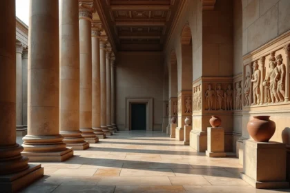 Intérieur reconstitué d'un temple grec antique avec colonnes de marbre et frises mythologiques sculptées en relief