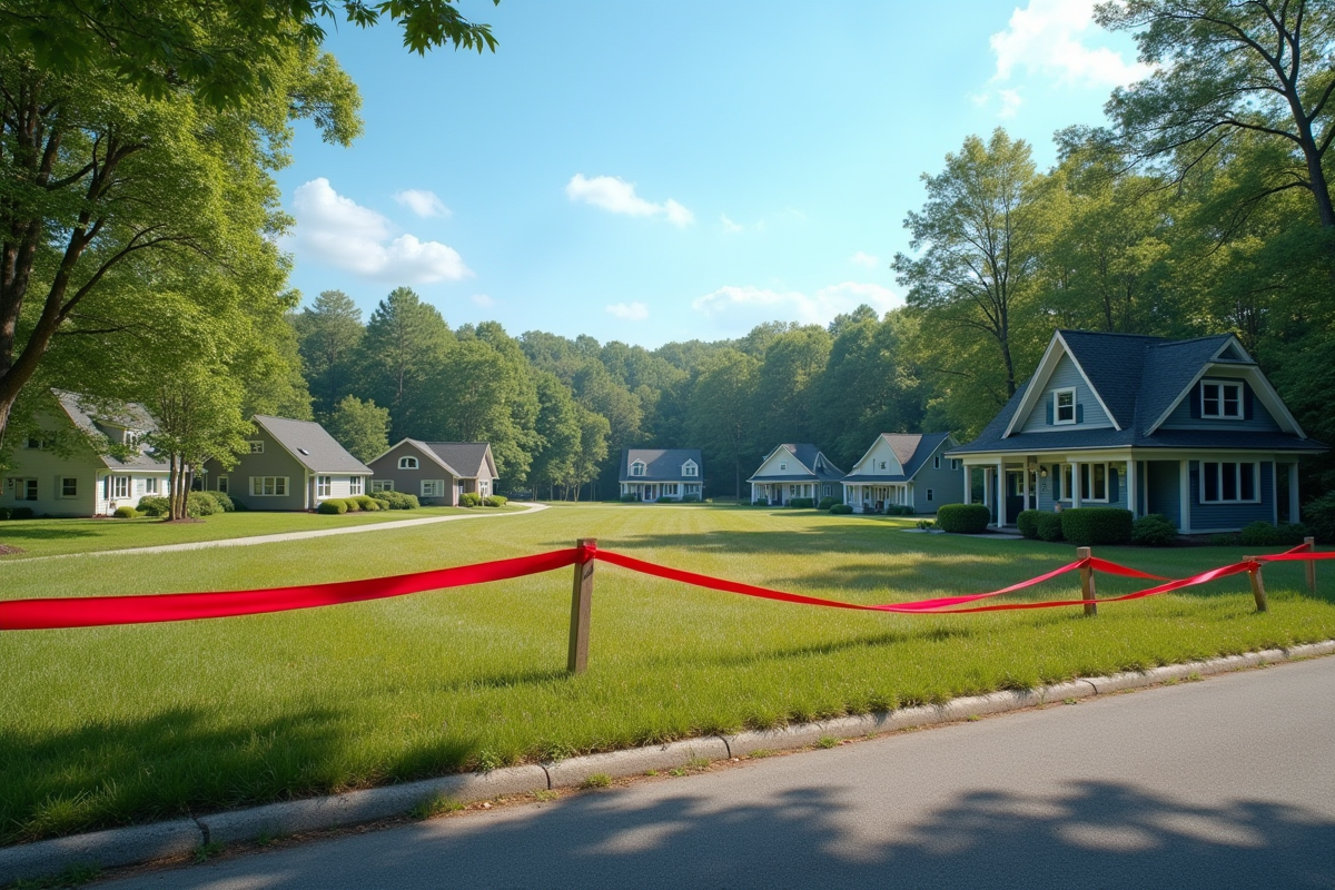 Quartier suburbain avec bande de signalisation sur terrain vide