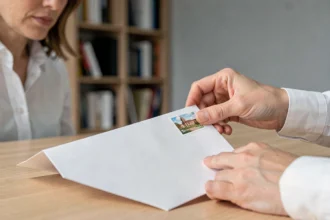 Femme professionnelle collant un timbre dans le coin supérieur droit d'une enveloppe blanche sur un bureau en bois