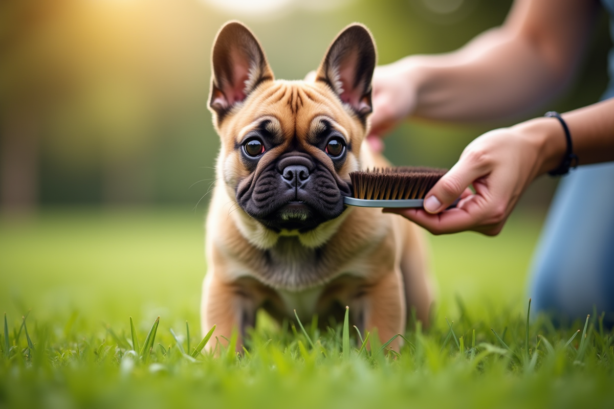 Bouledogue français being groomed outdoors sur l