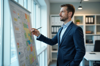 Urbaniste en costume devant un plan de zonage