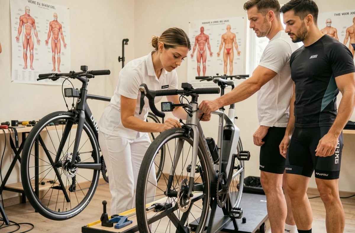 Technicienne réalisant une étude posturale sur un vélo électrique sur mesure pour un client chez Vélo Concept Nice