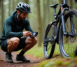 Vélotrotteur ajustant la pression du pneu avec un manomètre numérique en forêt
