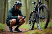 Vélotrotteur ajustant la pression du pneu avec un manomètre numérique en forêt