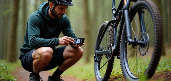 Vélotrotteur ajustant la pression du pneu avec un manomètre numérique en forêt