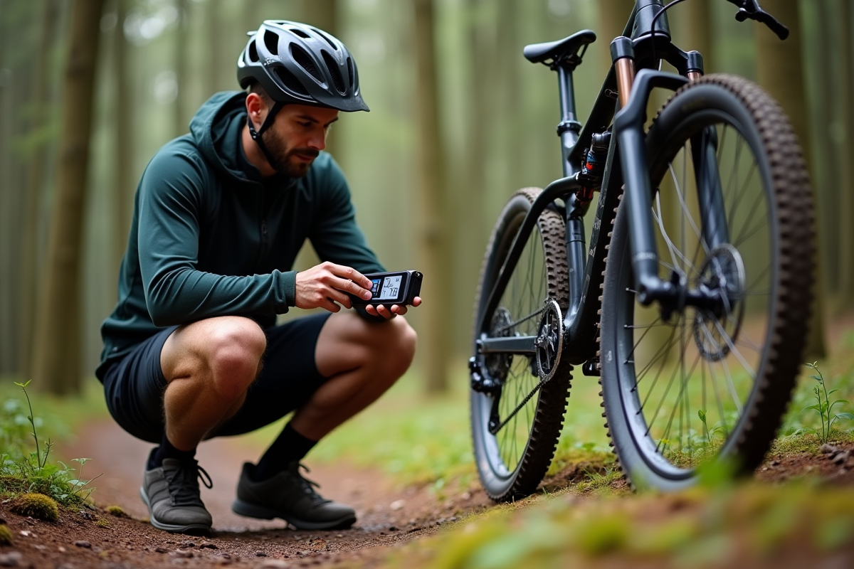 Vélotrotteur ajustant la pression du pneu avec un manomètre numérique en forêt