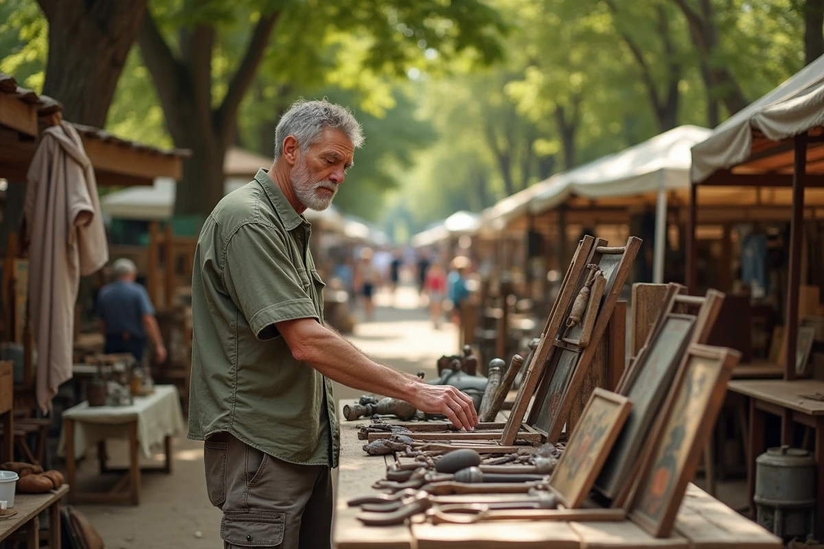 Vendeur disposant des objets anciens et outils de ferme sur une brocante estivale en Aveyron sous les platanes