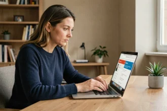 Femme vérifiant une adresse de site web sur son ordinateur portable pour éviter les redirections piégées