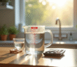 Verre mesureur rempli à 500 ml sur une table de cuisine