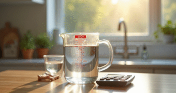 Verre mesureur rempli à 500 ml sur une table de cuisine