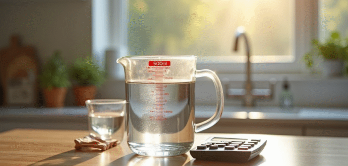 Verre mesureur rempli à 500 ml sur une table de cuisine