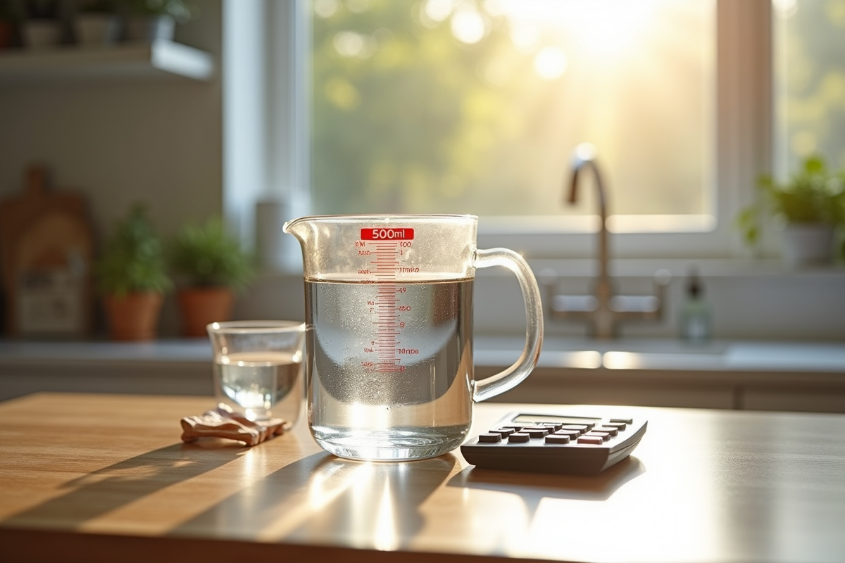 Verre mesureur rempli à 500 ml sur une table de cuisine
