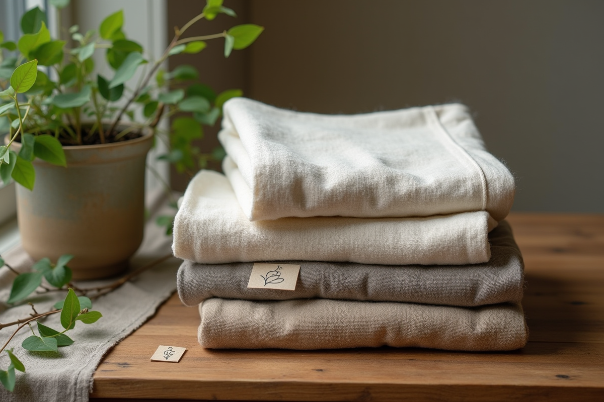 Vêtements durables pliés sur une table en bois avec verdure
