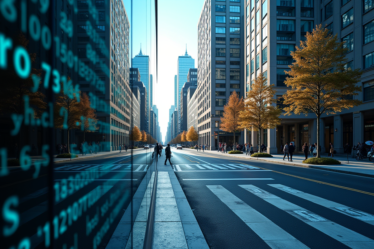 Reflet d une rue urbaine avec code digital et interface