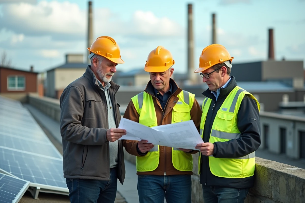 Professionnels examinant des plans d'installation solaire lors d'une visite de site industriel