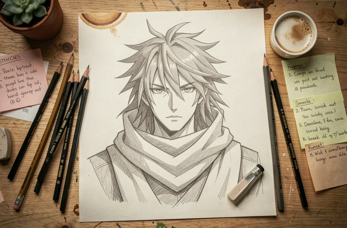 Vue de dessus d'un carnet de croquis avec dessin d'Aizawa de My Hero Academia en cours, outils de dessin manga et notes d'étapes sur bureau en bois