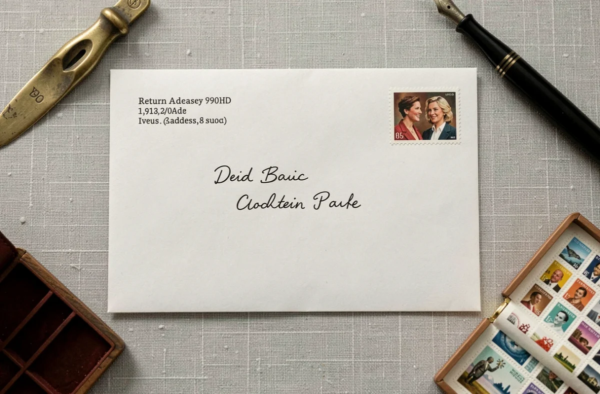 Vue du dessus d'une enveloppe commerciale avec timbre collé dans le coin supérieur droit, stylo plume et carnet de timbres sur fond de lin gris