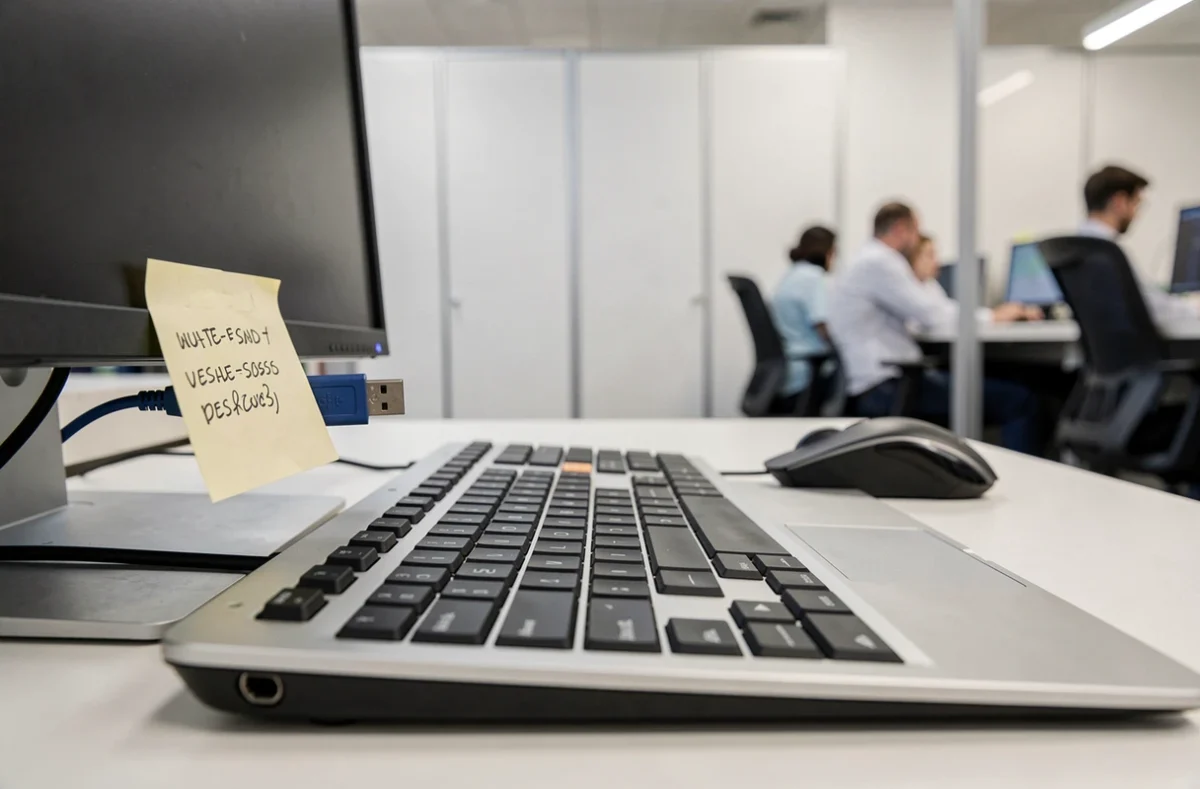 Vulnérabilités de sécurité visibles sur un bureau d'entreprise avec mot de passe écrit sur un post-it et clé USB branchée